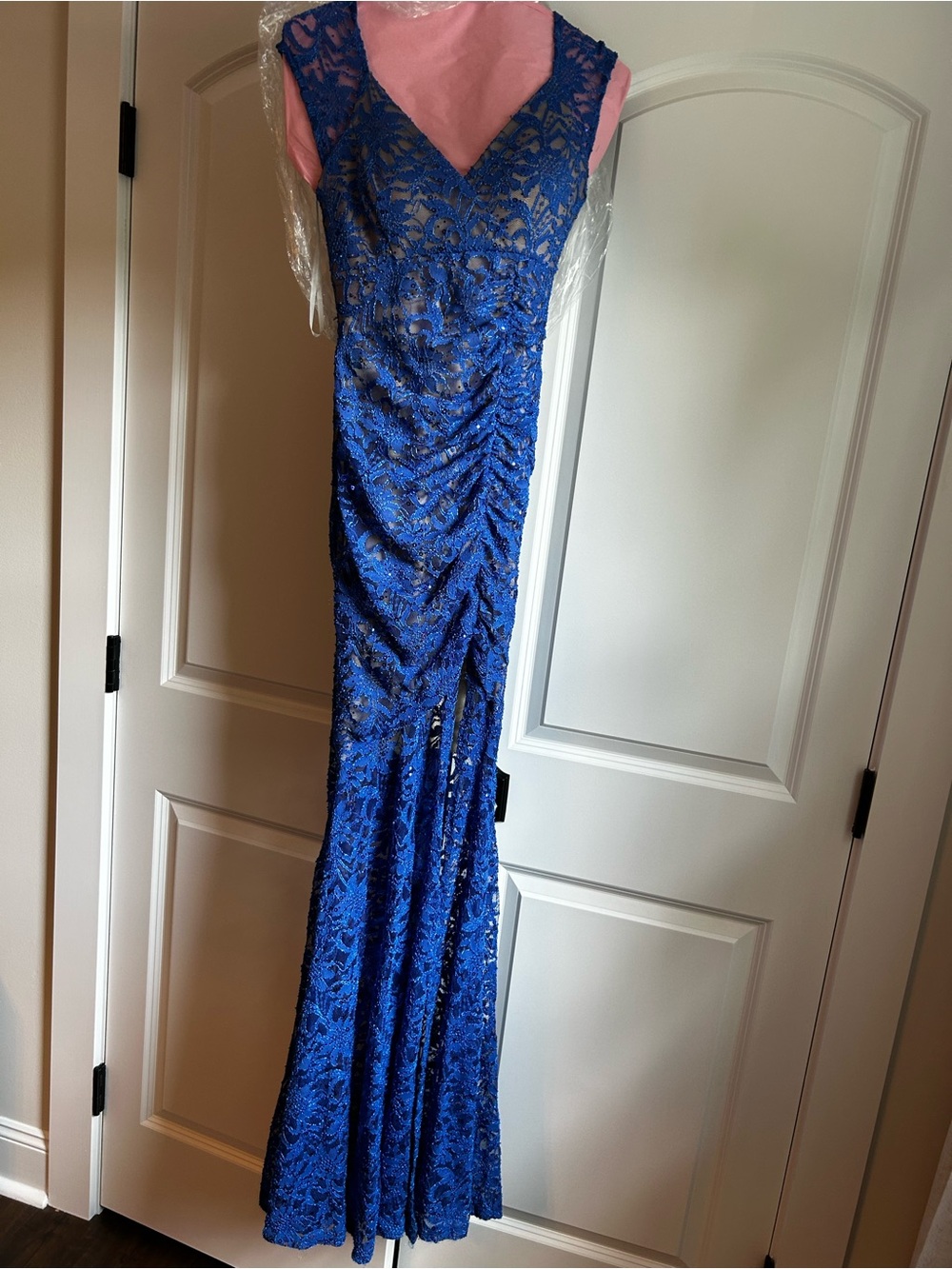 Royal Blue Lace Evening Gown with Open Back